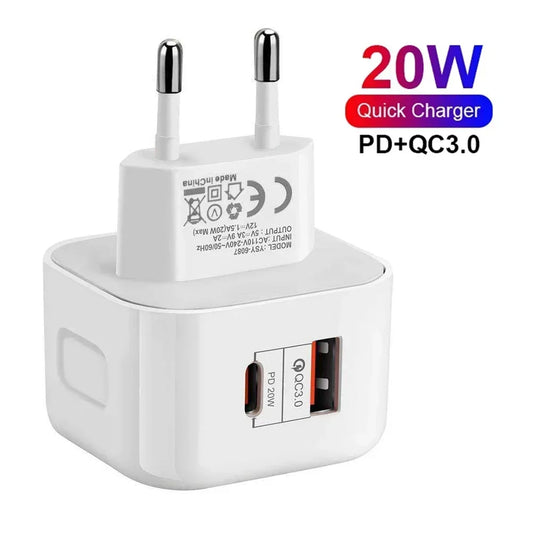 2 Port PD Plug 20W USB Type C QC3.0 Fast Charging Wall Charger